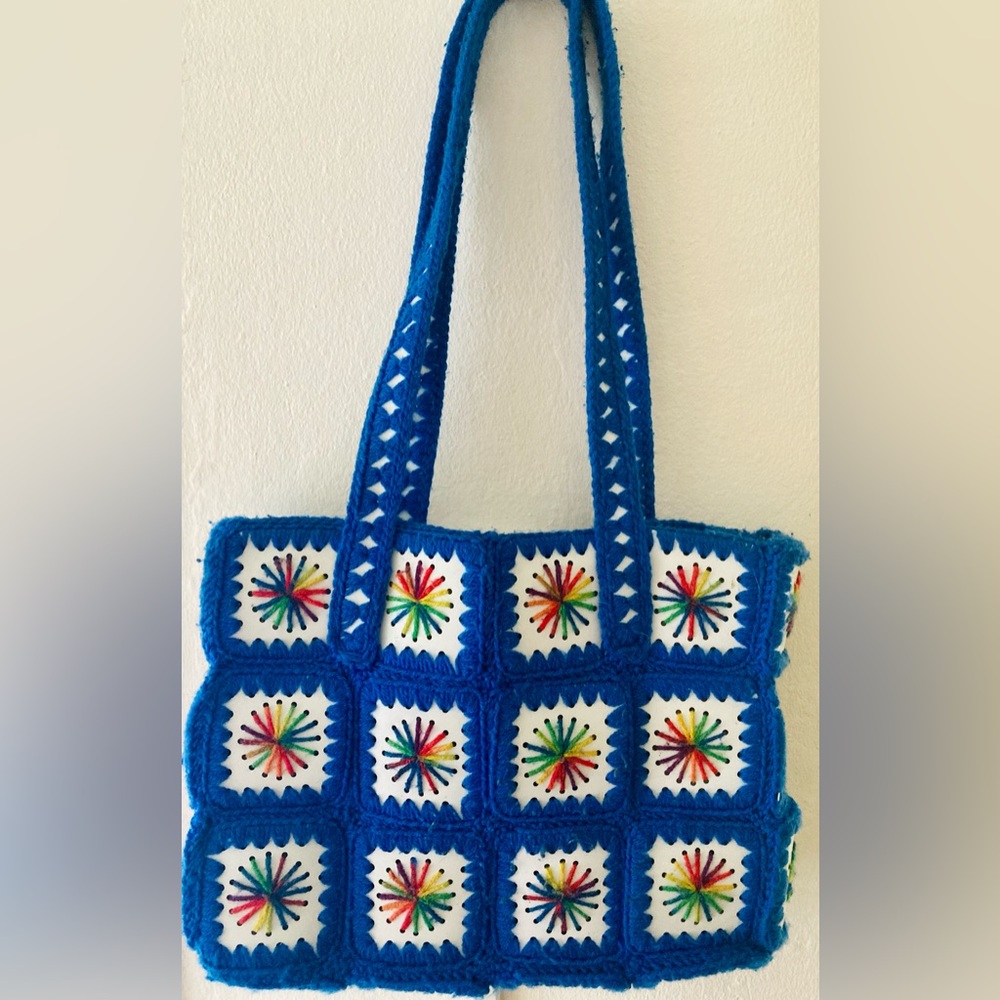 Vintage Granny Crochet Blue Rainbow XL Tote